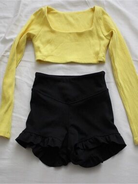 Tiger Friday Yellow Ribbed Long-Sleeve Crop Top & Black Ruffle Shorts